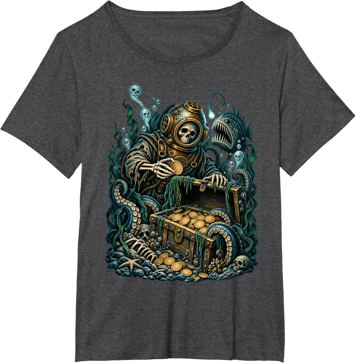 Deep Sea Diver Skeleton Halloween Treasure Horror T-Shirt - Dark Heather Grey