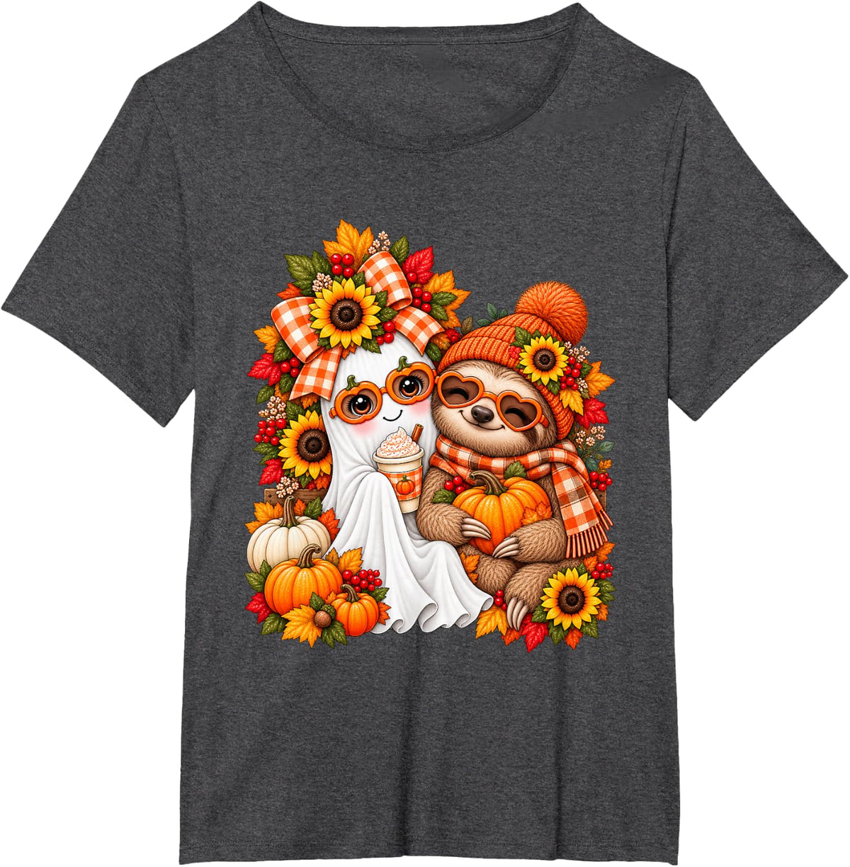 Cute Ghost Sloth Pumpkin Fall Halloween Autumn Sloth Lovers T-Shirt - Dark Heather Grey