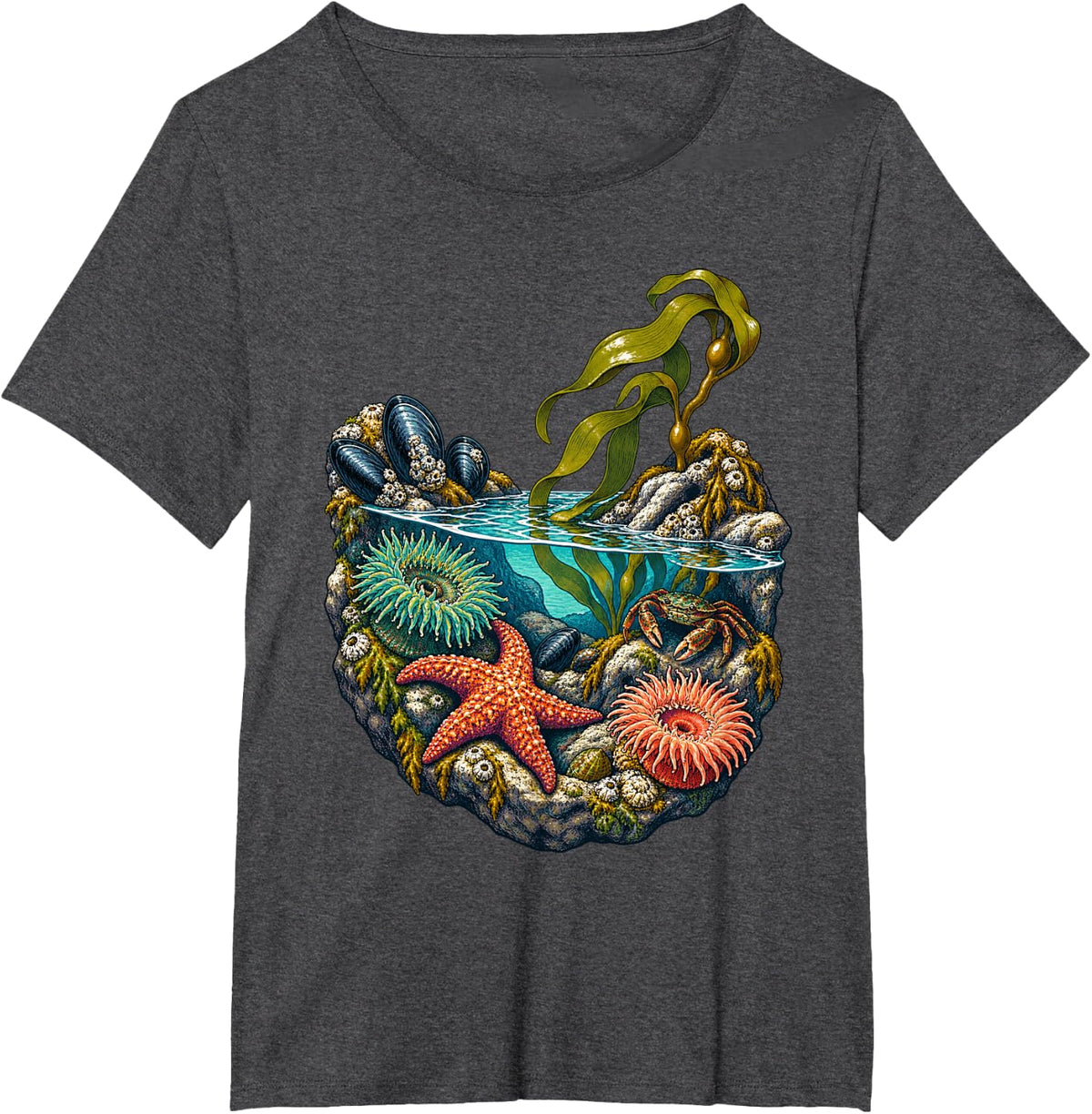 Tidepool Coastal Life Cutaway Art T-Shirt - Dark Heather Grey