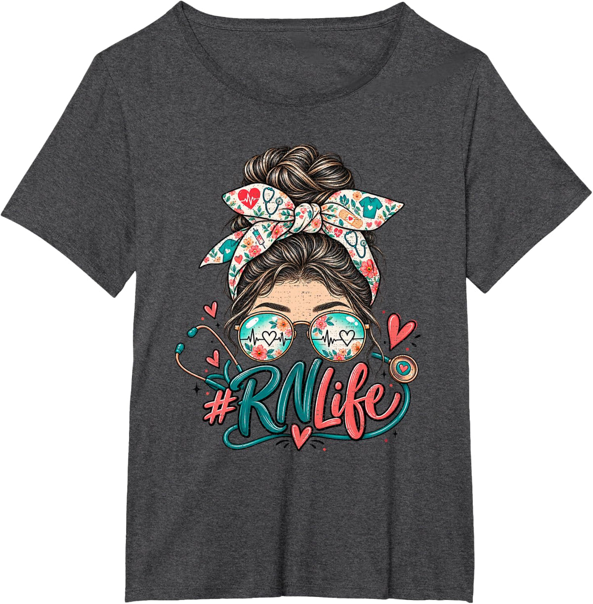 RN Life Messy Bun Floral Bandana Glasses Stethoscope Heart T-Shirt - Dark Heather Grey
