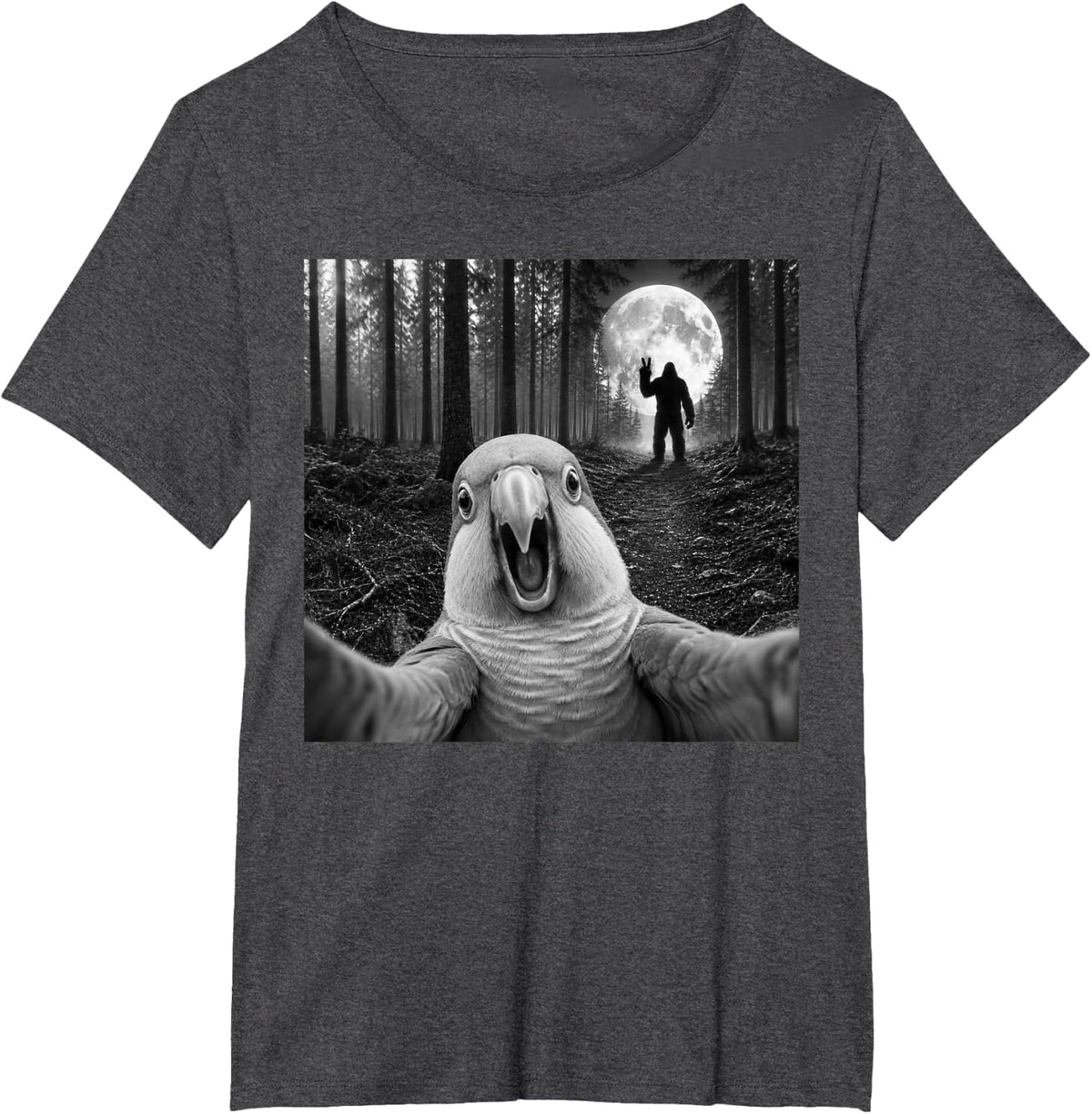 Quaker Parrot Selfie with Bigfoot Peace Sign Sasquatch T-Shirt - Dark Heather Grey