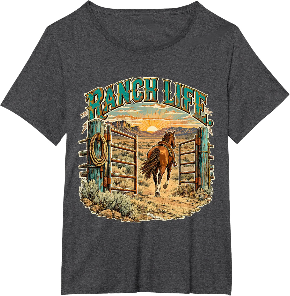 Ranch Life Horse Open Gate Sunrise Western Country Art T-Shirt - Dark Heather Grey