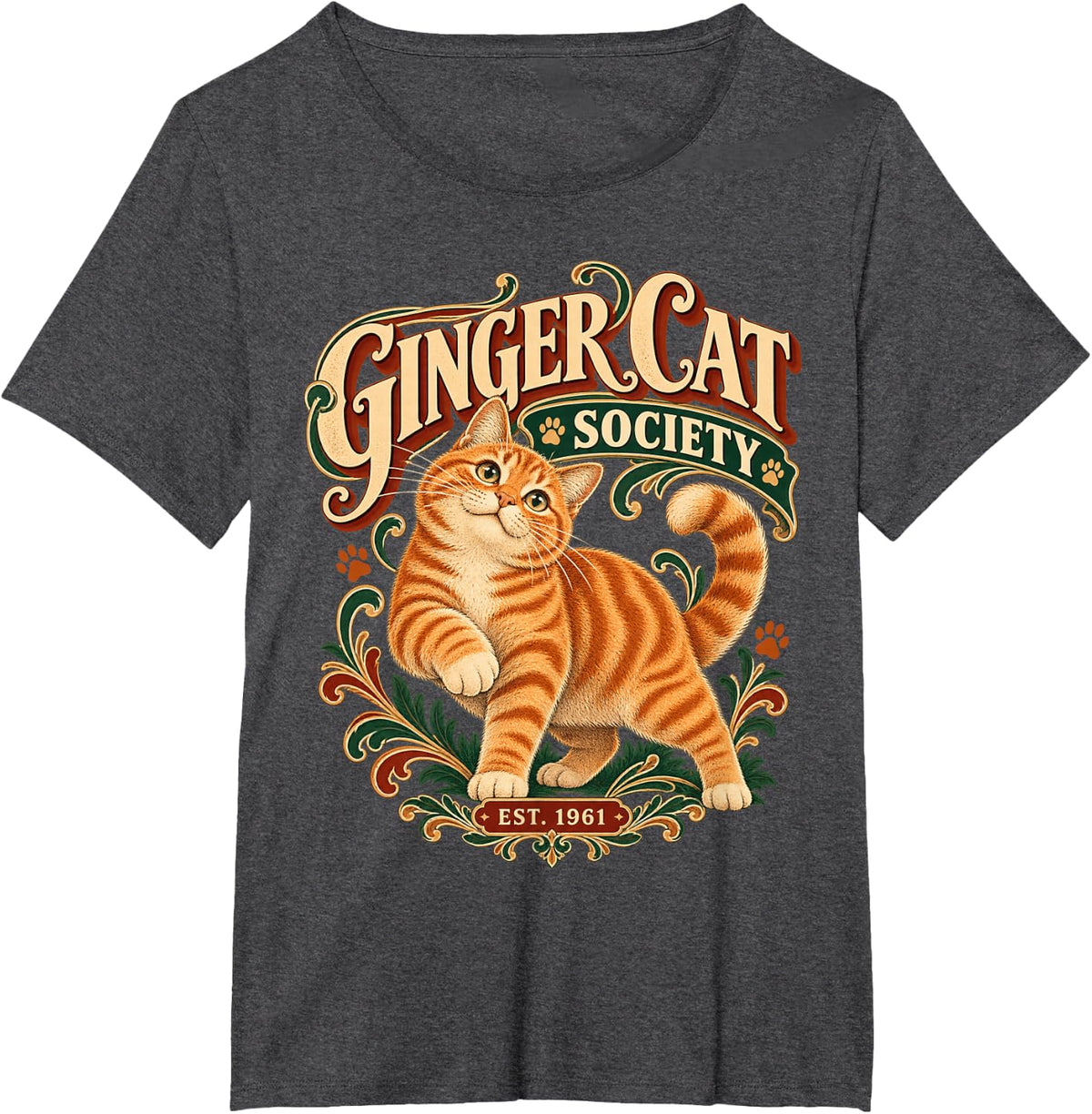 Ginger Cat Society Vintage Orange Tabby Design T-Shirt - Dark Heather Grey