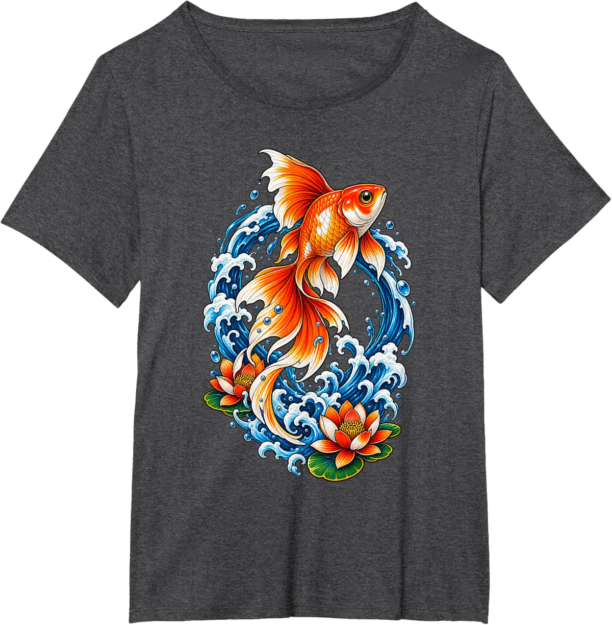 Koi Fish Swimming Among Lotus Blooms T-Shirt - Dark Heather Grey