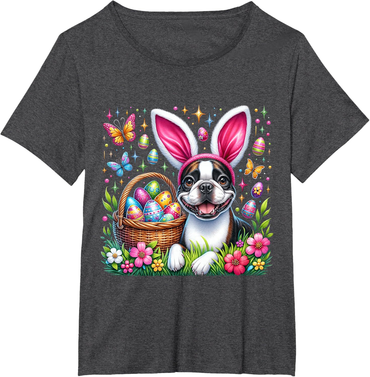 Cute Bunny Boston Terrier Dog Easter Eggs Basket Easter Day T-Shirt - Dark Heather Grey