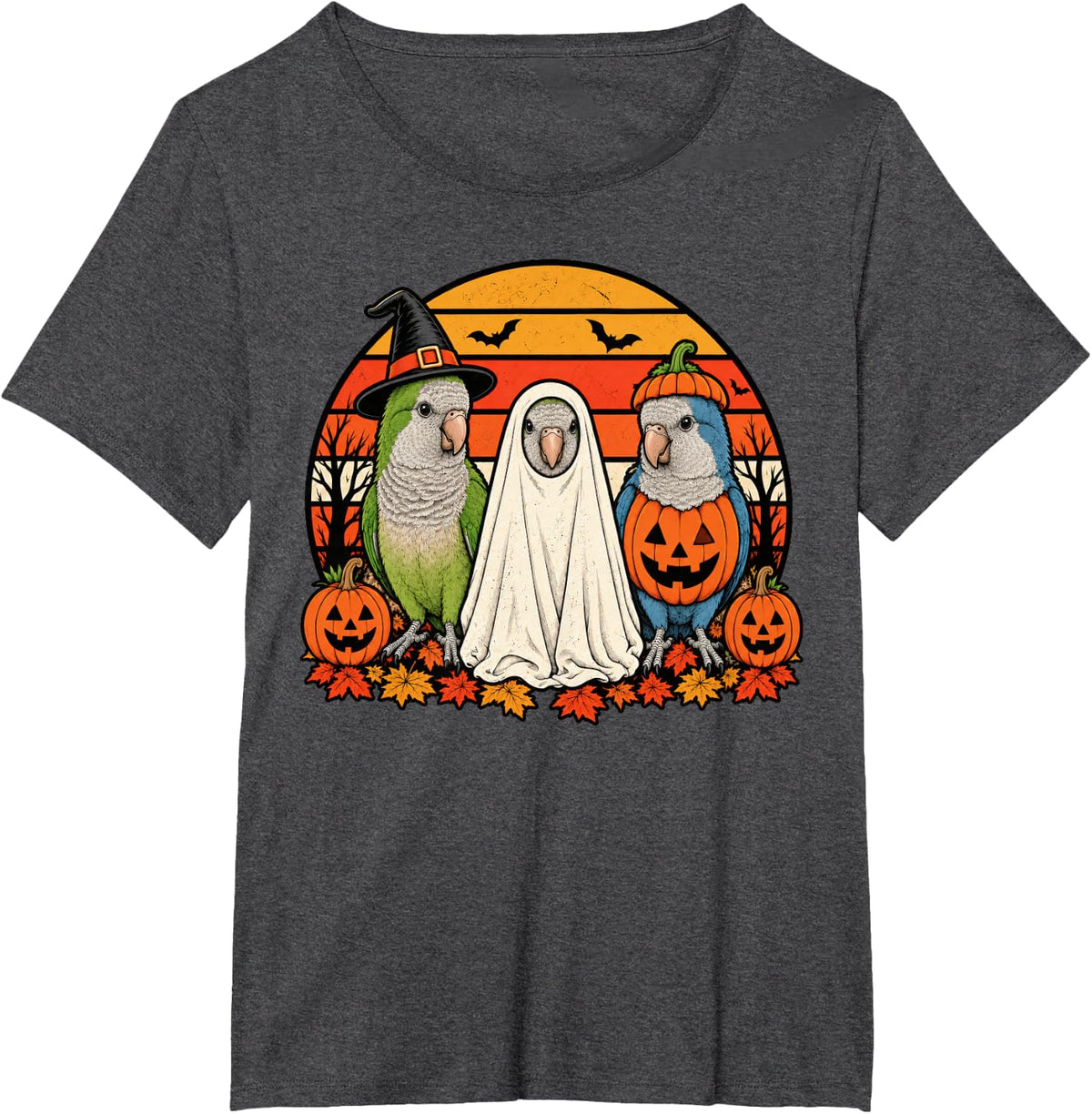 Spooky Quaker Parrot Pumpkin Ghost Halloween Bird T-Shirt - Dark Heather Grey
