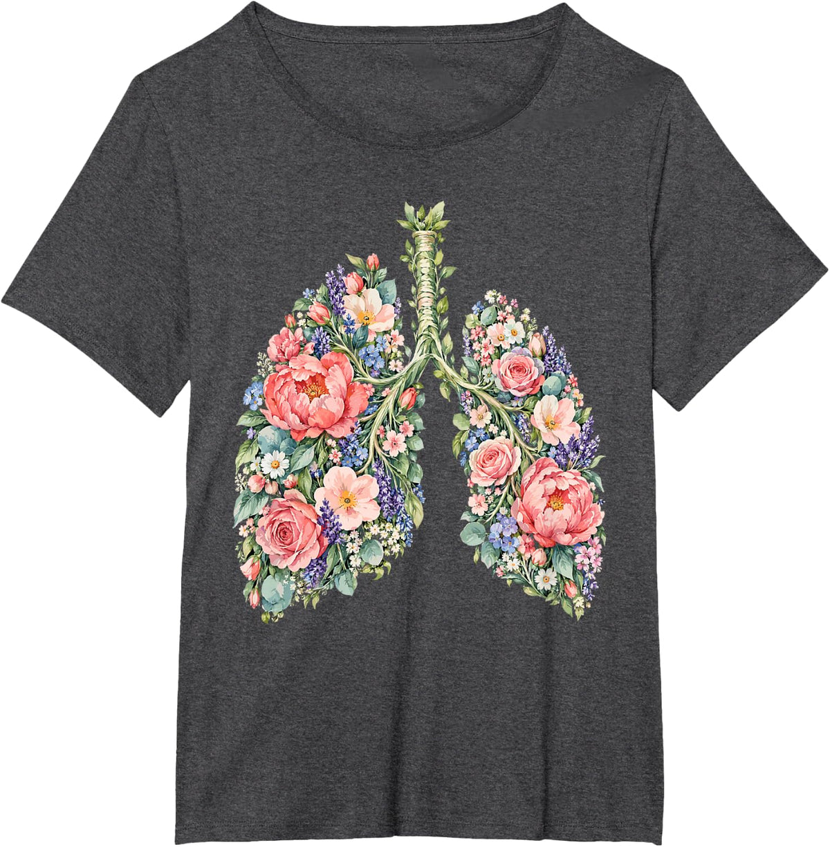 Watercolor Floral Lungs - Respiratory Therapist T-Shirt - Dark Heather Grey
