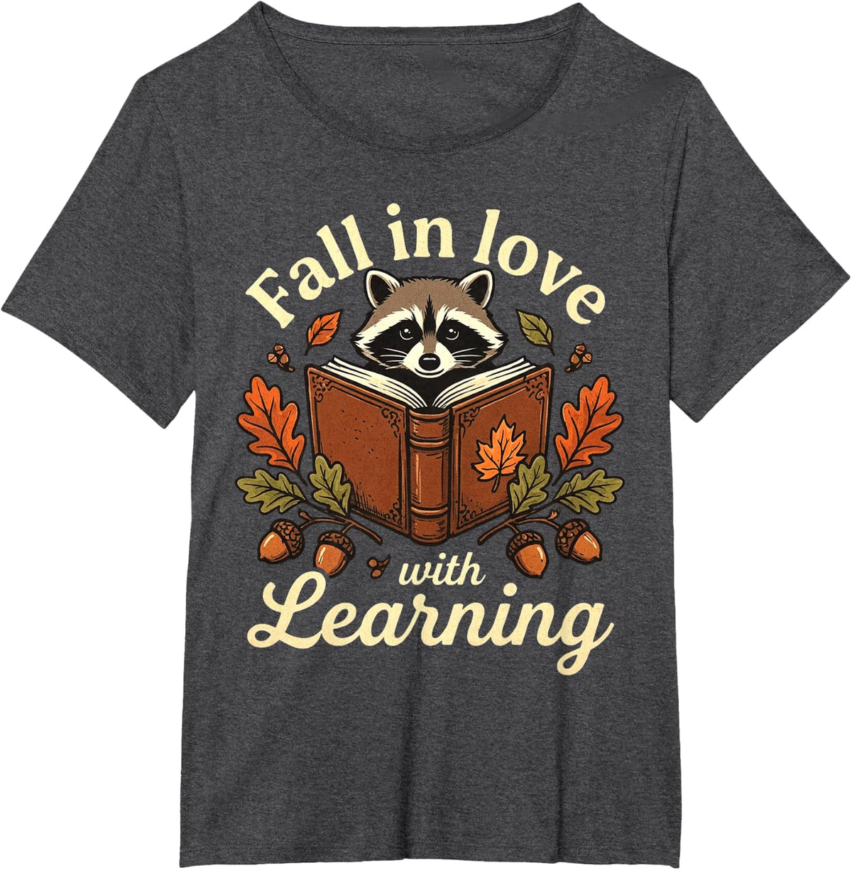 Fall in Love with Learning Autumn Raccoon Teacher T-Shirt - Dark Heather Grey