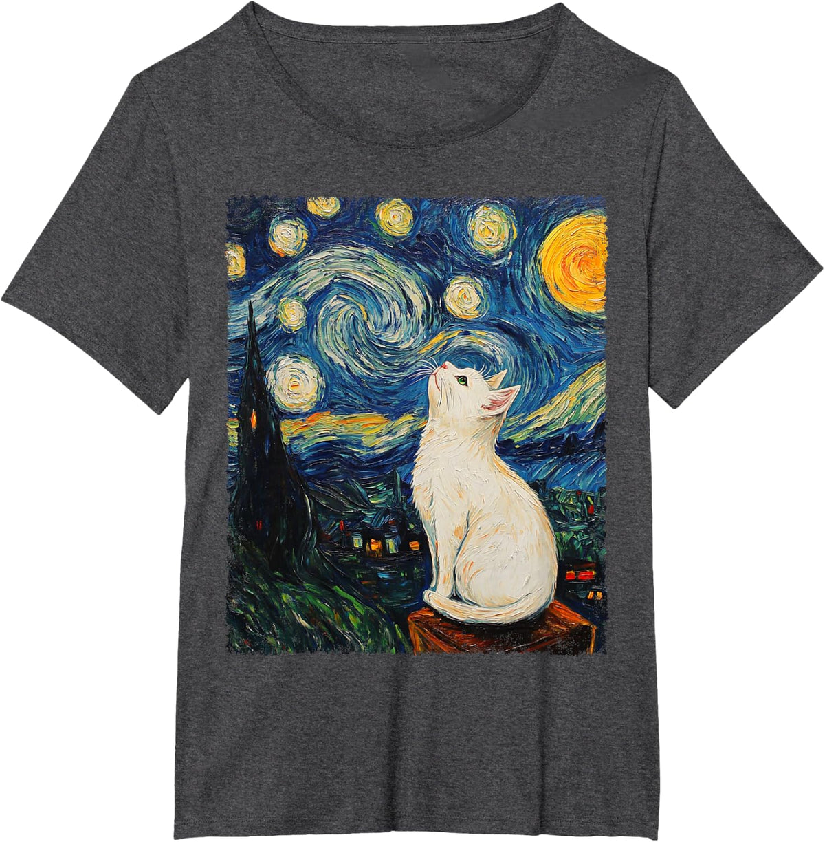 Modern Art Painting Van Gogh Starry Night White Cat T-Shirt - Dark Heather Grey