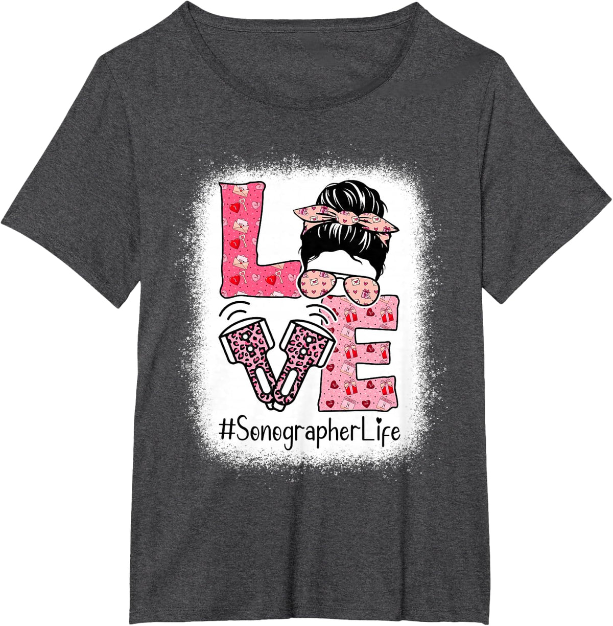 Love Sonographer Life Sonography Valentine’s Day Messy Bun T-Shirt - Dark Heather Grey