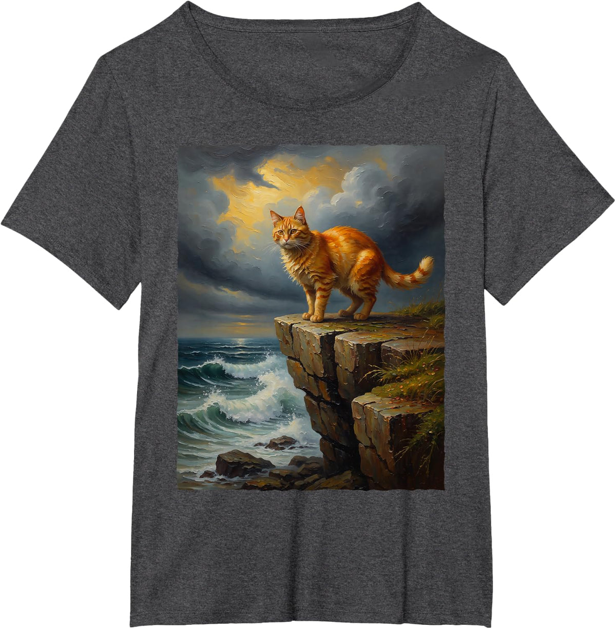 Ginger Cat On Ocean Cliff Orange Tabby Stormy Sea Waves Art T-Shirt - Dark Heather Grey