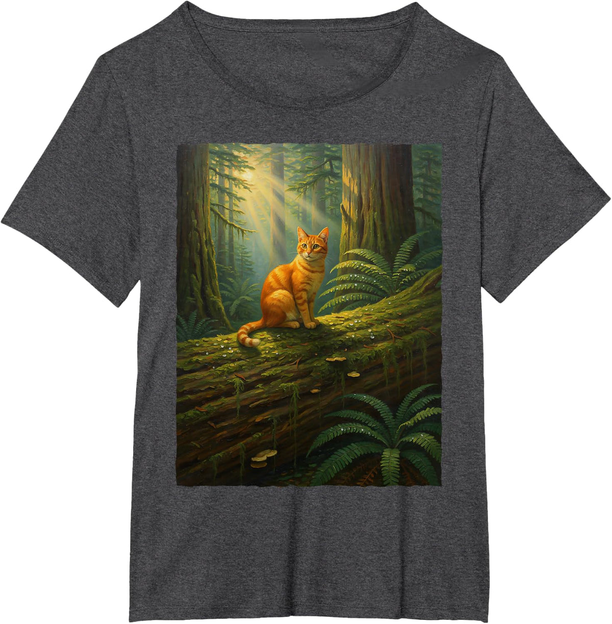 Orange Tabby Ginger Cat in Sunlit Forest Nature Woods T-Shirt - Dark Heather Grey