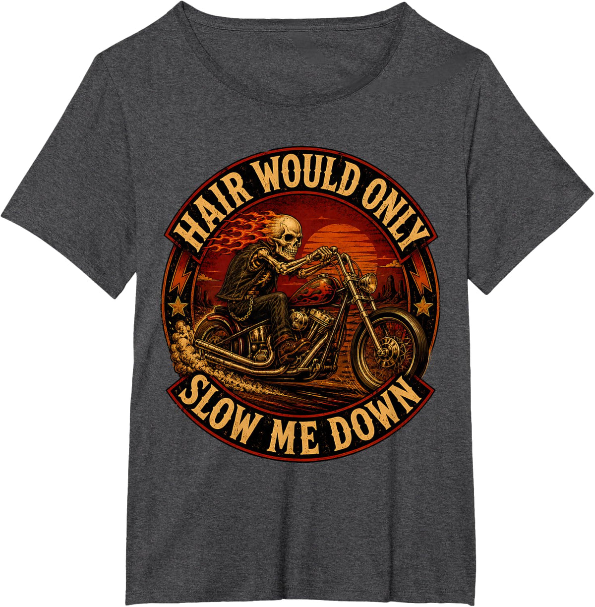 Retro Hair Would Only Slow Me Down Skeleton Motorcycle Rider T-Shirt - Dark Heather Grey