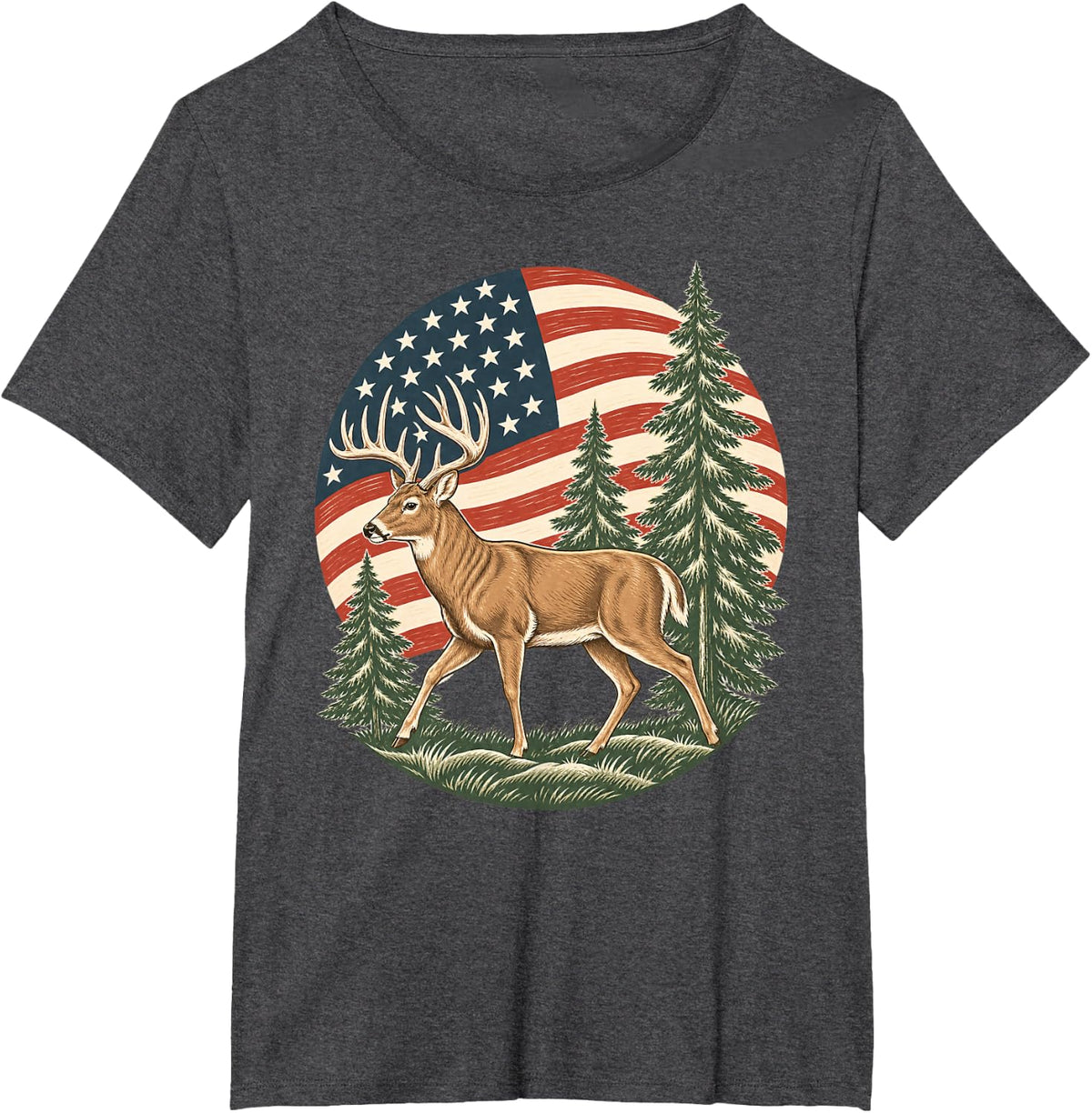 American Flag Buck Deer Hunting Pine Forest T-Shirt - Dark Heather Grey
