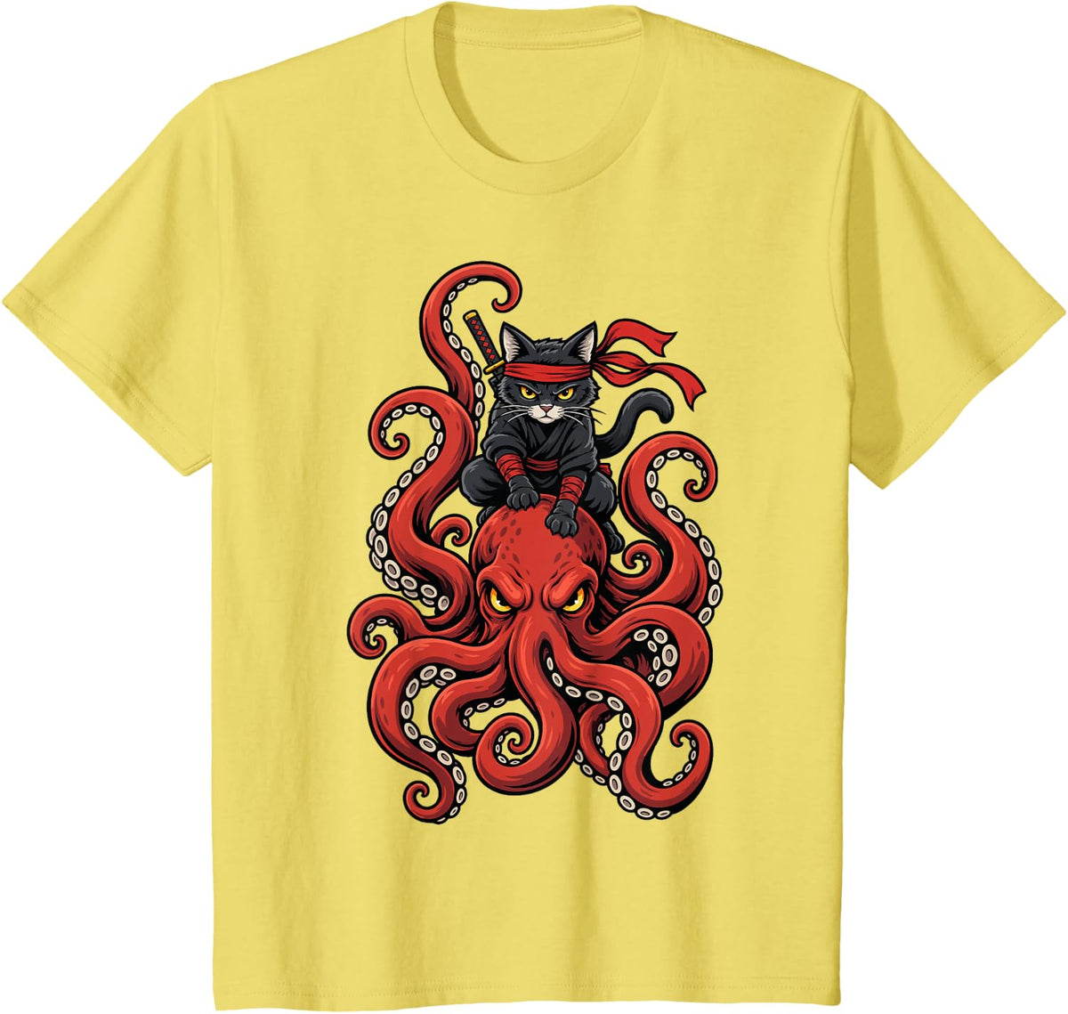 Fierce Ninja Cat Octopus Warrior Martial Arts T-Shirt - Lemon Yellow