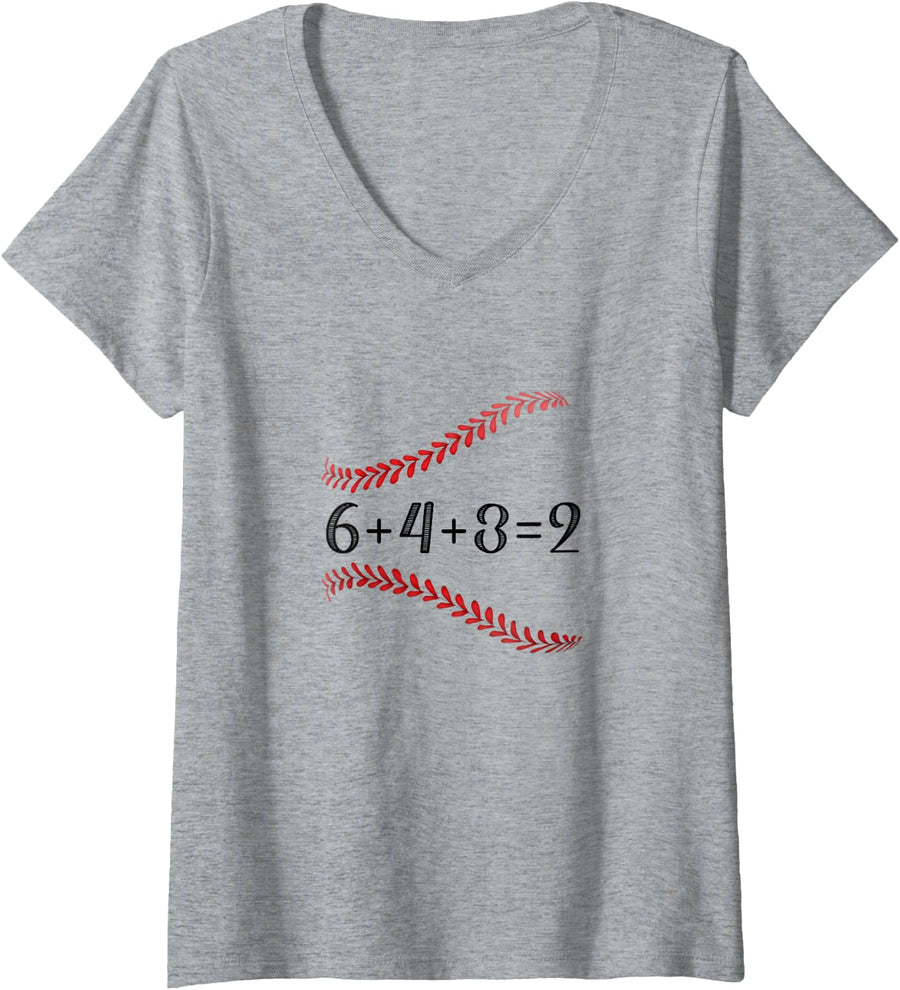 Womens 6+4+3=2 Double Play Baseball Player Baseball Saying V-Neck T-Shirt - Heather Grey