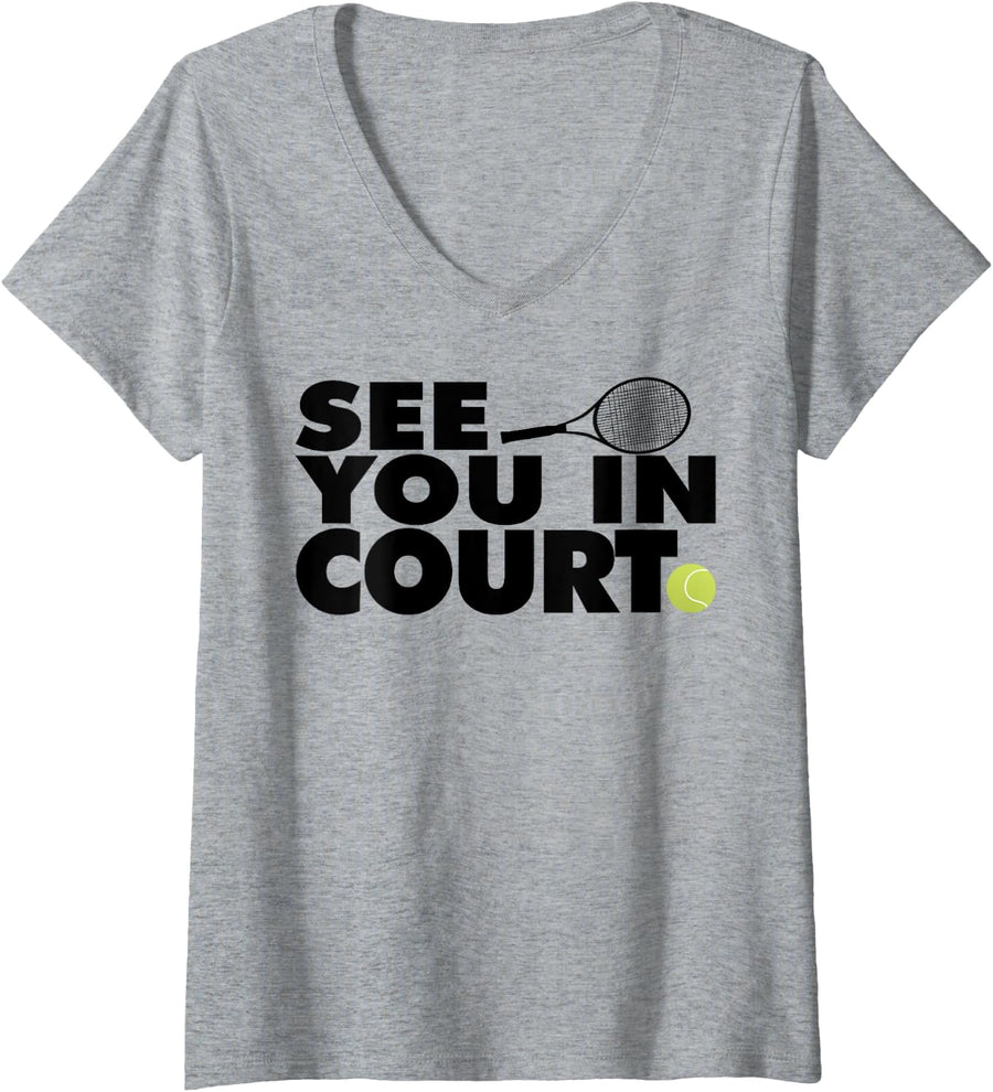 Womens See You in Court Tennis V-Neck T-Shirt - Heather Grey