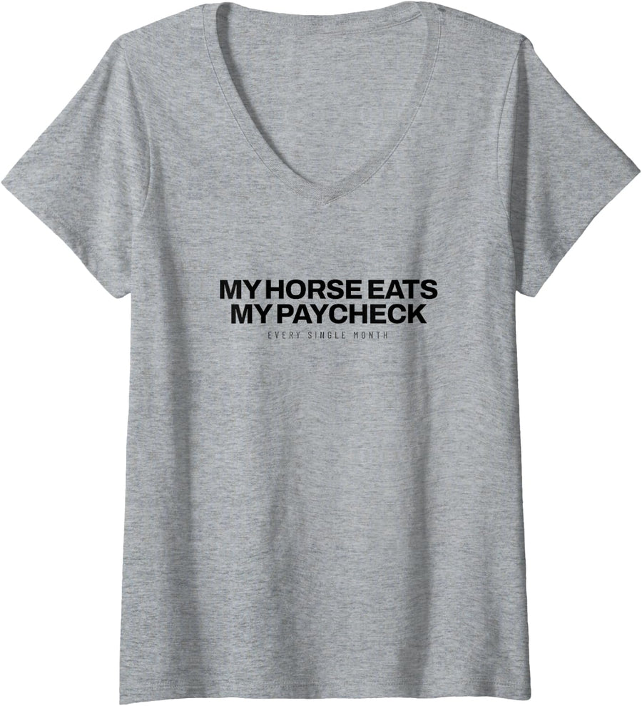 Women's Horse - My Horse Eats My Paycheck - Equestrian V-Neck T-Shirt - Heather Grey