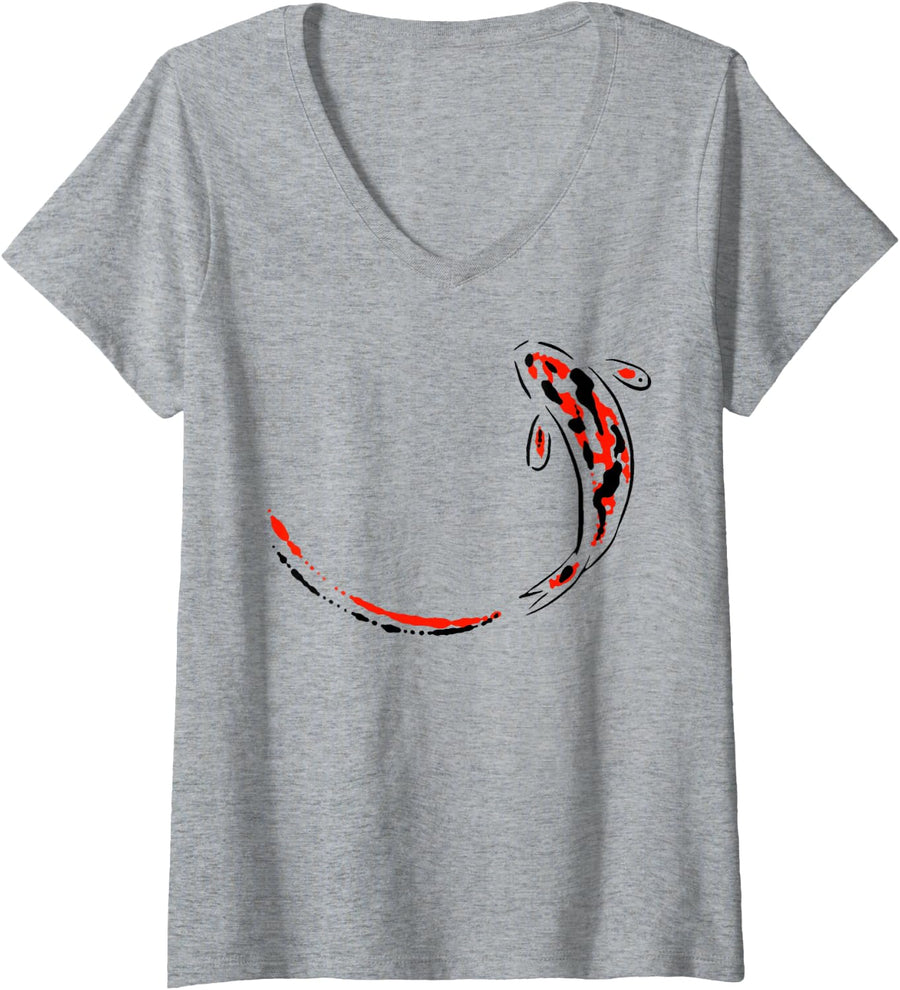Women's Koi Carp Zen Minimal Art Painting Meditation Mindfulness V-Neck T-Shirt - Heather Grey