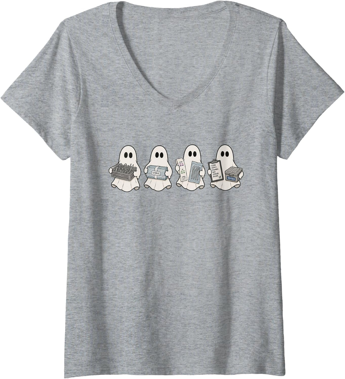 Women's Retro Sterile Processing Technician Halloween SPD Ghost Tech V-Neck T-Shirt - Heather Grey