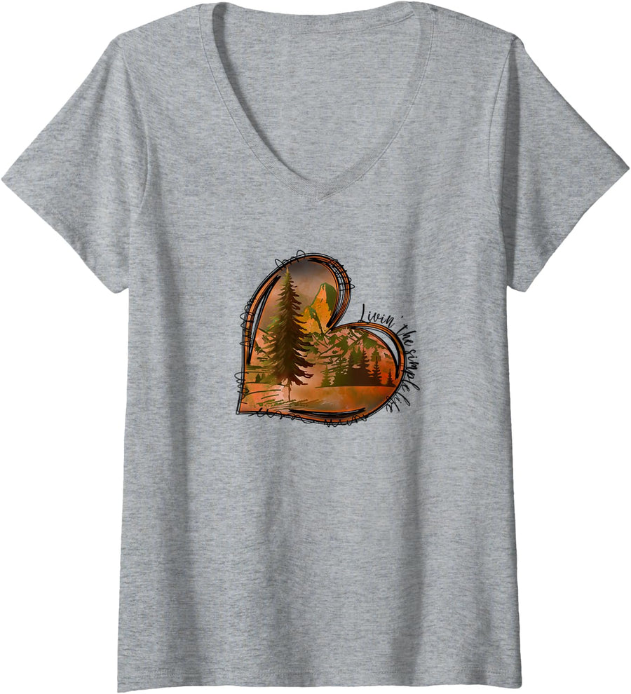 Women's Livin' the Simple Life | Heart Camping Nature Explorer Hiker V-Neck T-Shirt - Heather Grey