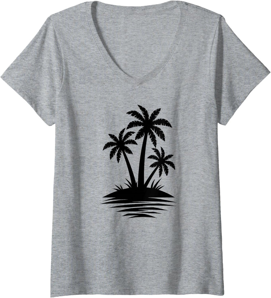 Womens Palm Tree, Vacation, Men Women Kids Family Trip Beach Summer V-Neck T-Shirt - Heather Grey