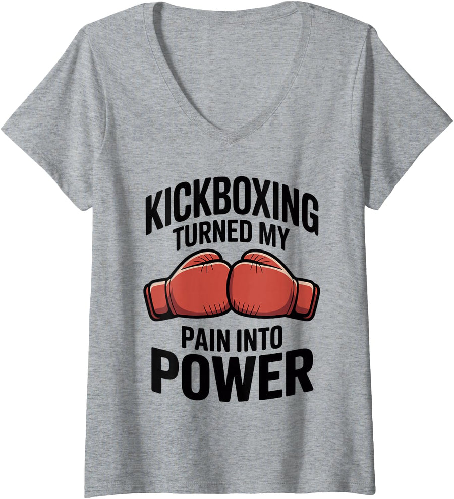 Women's Kickboxing Turned My Pain Into Power Kickboxer V-Neck T-Shirt - Heather Grey