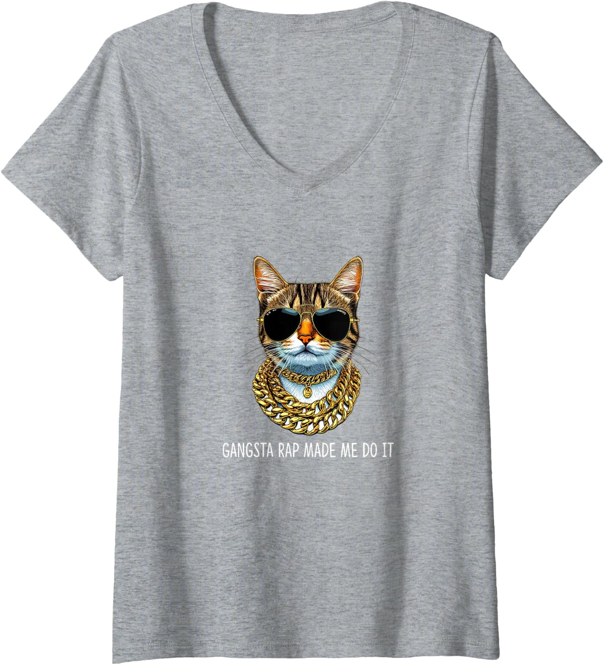 Women's Gangsta Rap Made Me Do It - Gangster Cat - V-Neck T-Shirt - Heather Grey
