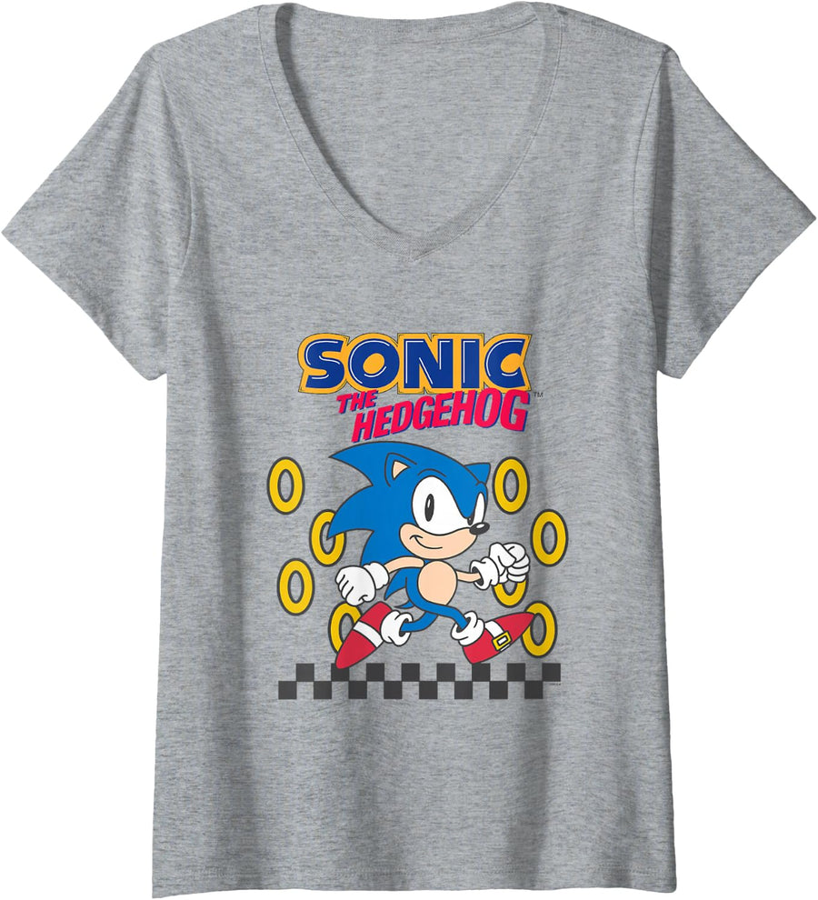 Womens Sonic The Hedgehog Cute Run Through Golden Rings Retro V-Neck T-Shirt - Heather Grey