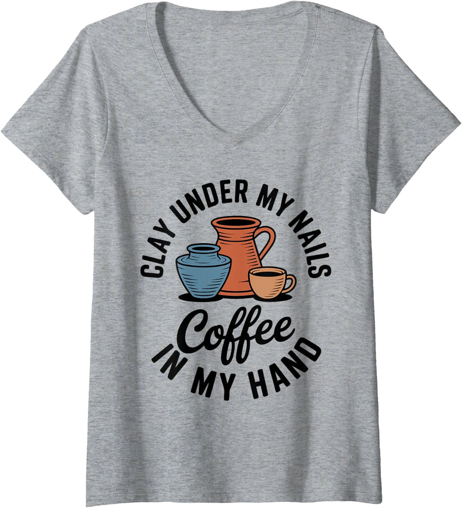 Women's Clay Under My Nails Funny Ceramics Artist Pottery V-Neck T-Shirt - Heather Grey