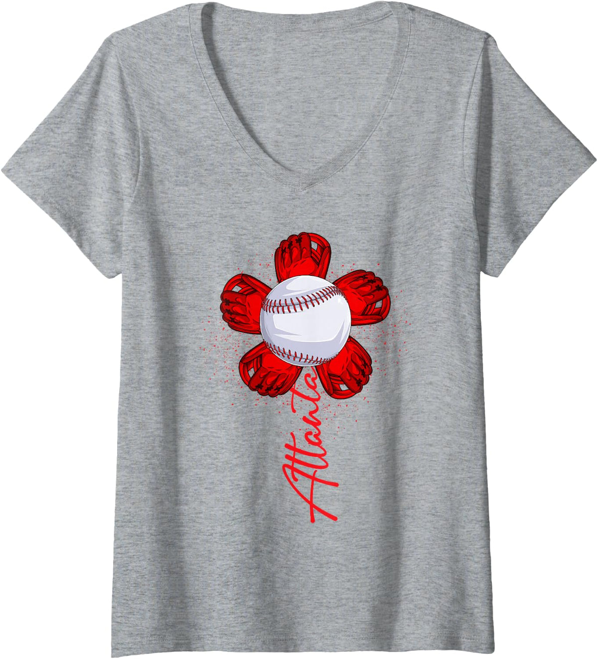 Womens Cute Flower Atlanta Retro Baseball Lover Game Day V-Neck T-Shirt - Heather Grey
