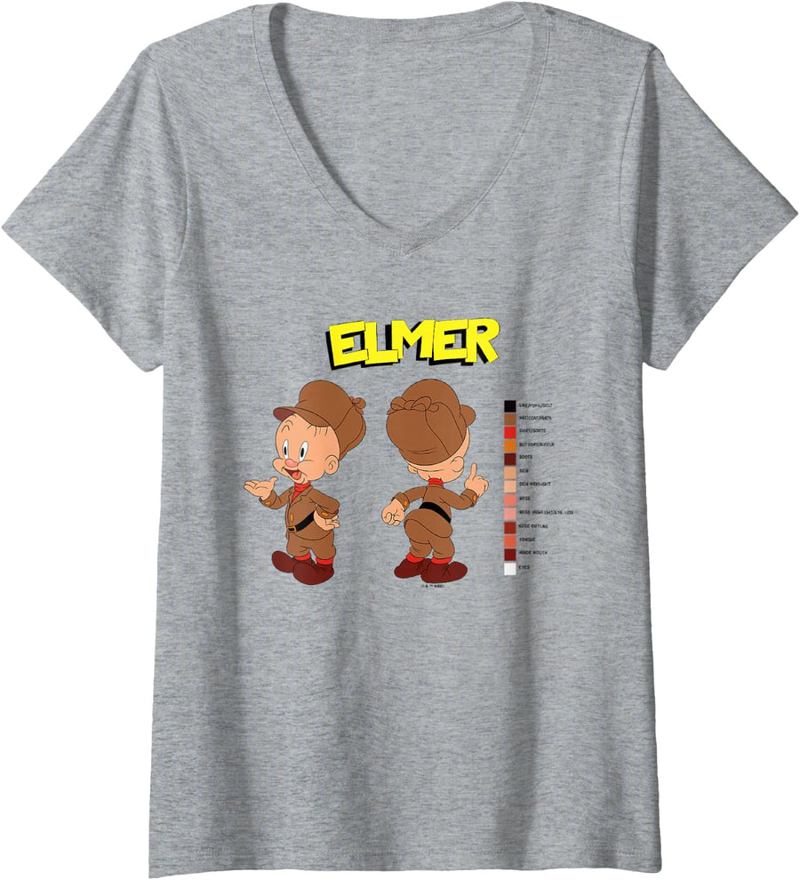 Women's Looney Tunes Elmer Fudd Retro Color Code V-Neck T-Shirt - Heather Grey