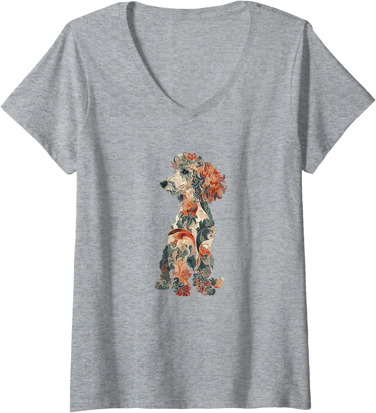 Women's Womens & Girls Multicolored Cute Folk Art Poodle Lover V-Neck T-Shirt - Heather Grey