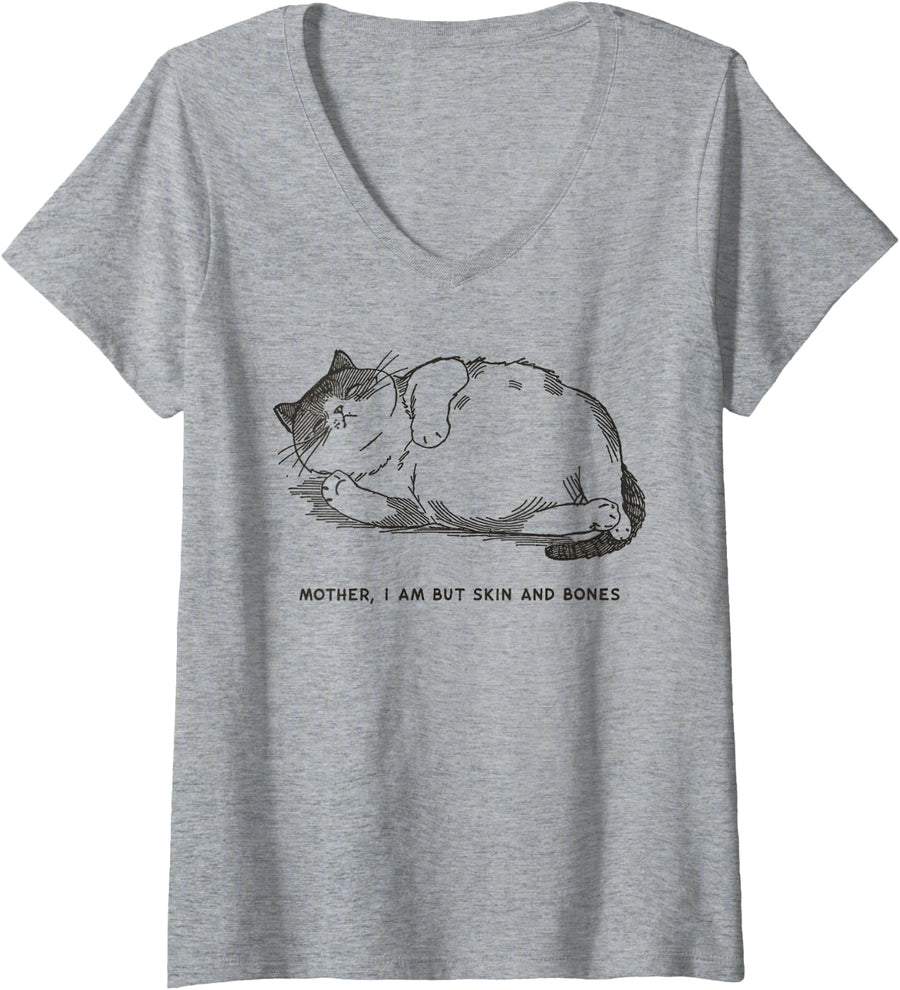 Women's Vintage Mother I Am But Skin and Bones Funny Cat Design V-Neck T-Shirt - Heather Grey
