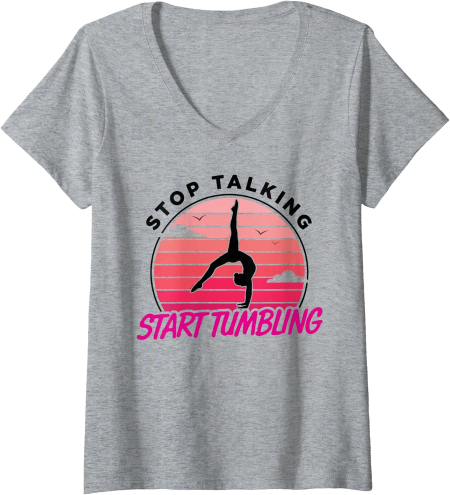 Women's Stop Talking Start Tumbling Gymnast Funny Gymnastics V-Neck T-Shirt - Heather Grey