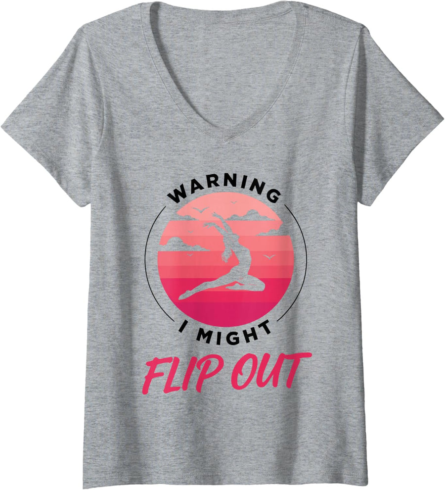 Women's Warning I Might Flip Out Funny Gymnast Gymnastics V-Neck T-Shirt - Heather Grey