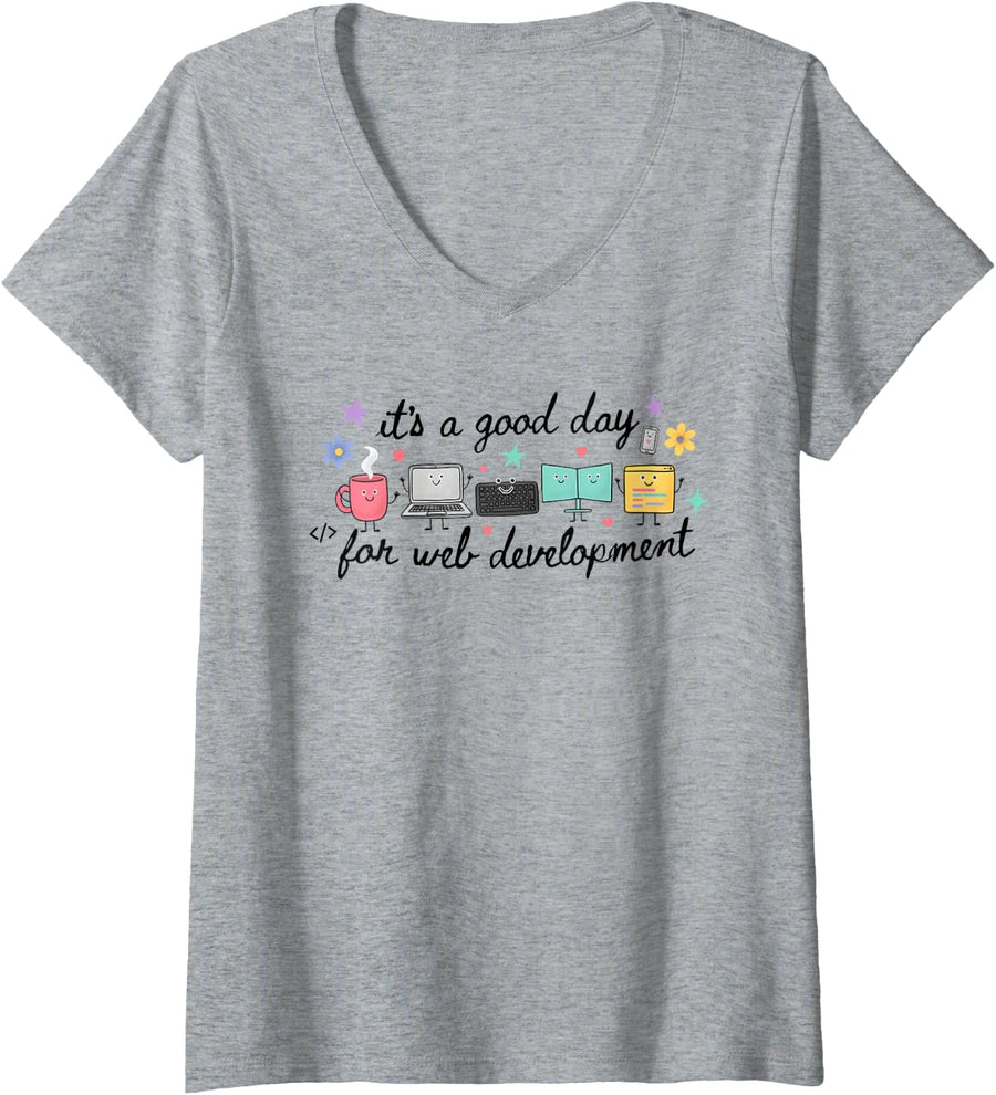 Women's Web Developer Coder Programmer Frontend Backend Full Stack V-Neck T-Shirt - Heather Grey