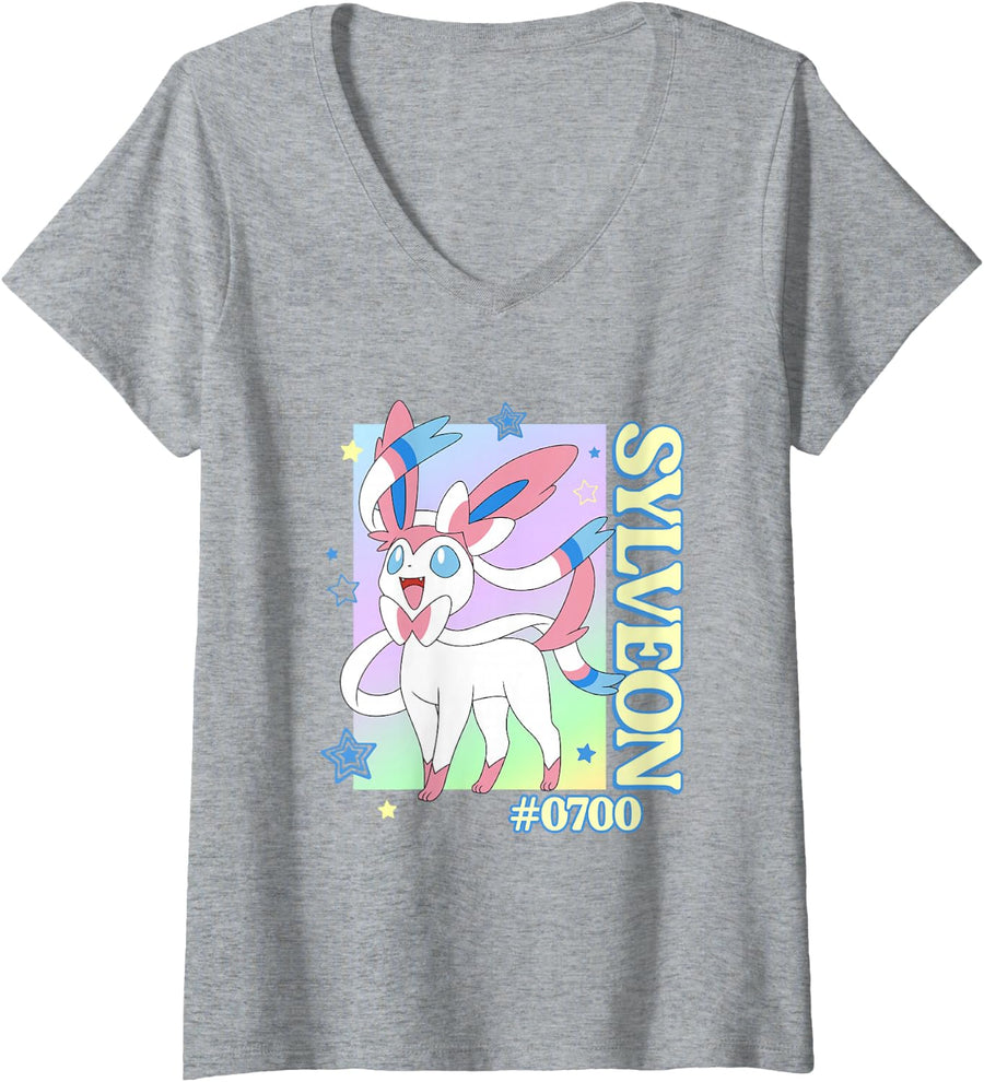 Womens Pokémon Sylveon #0700 Happy Colorful Portrait V-Neck T-Shirt - Heather Grey