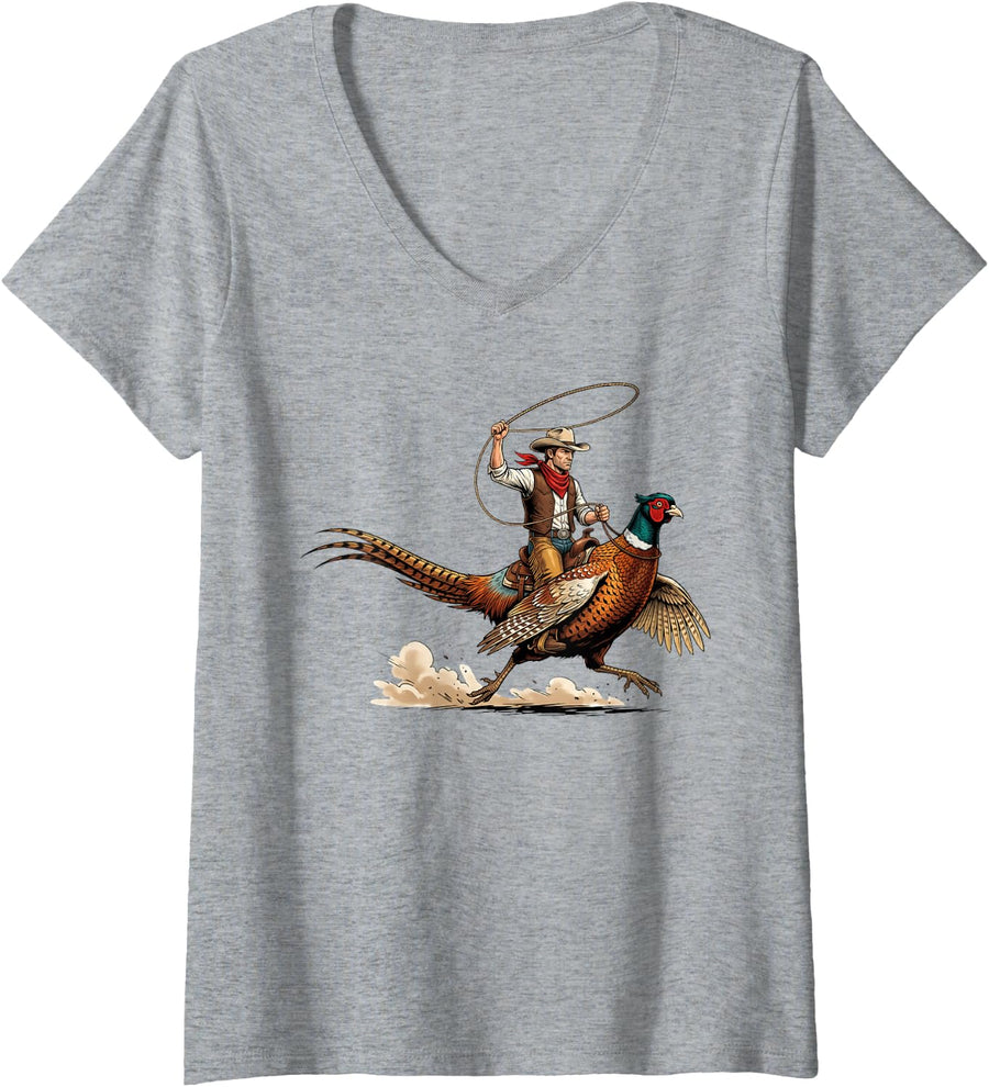Women's Vintage Cowboy Riding Pheasant Funny Western Rodeo Graphic V-Neck T-Shirt - Heather Grey
