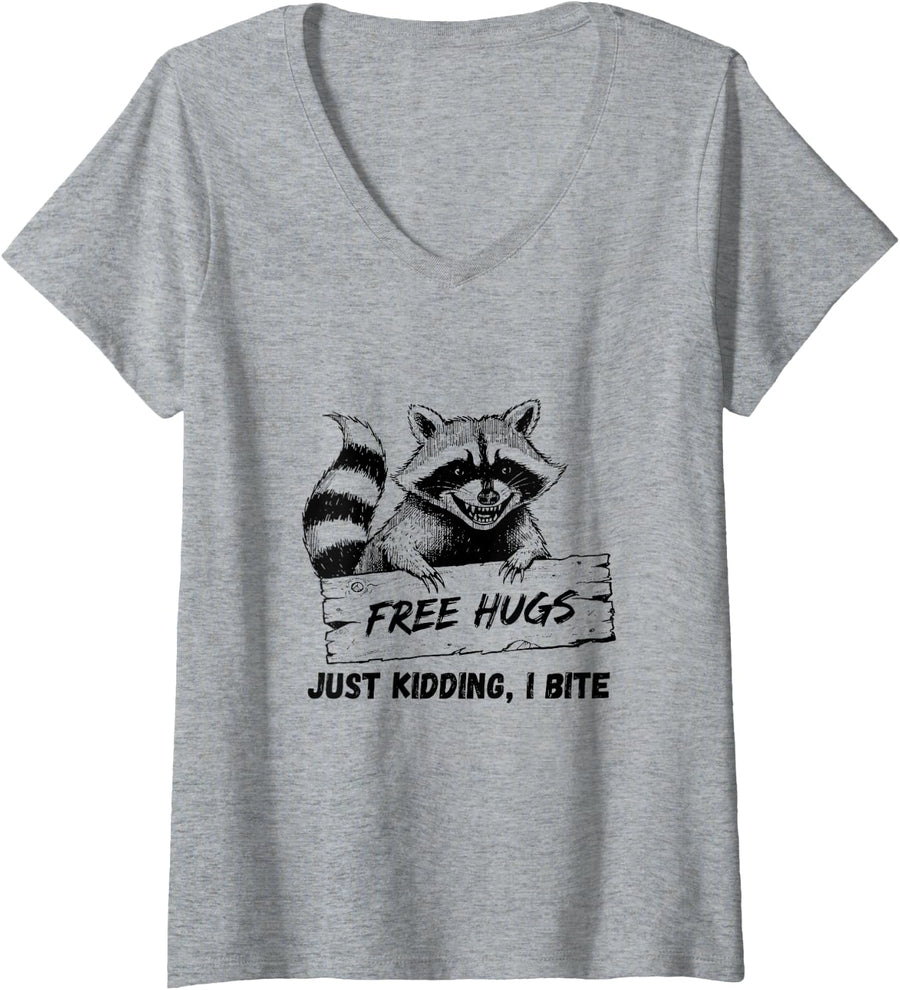 Women's Free-Hugs Just-Kidding I Bite Funny Raccoon Trash Panda V-Neck T-Shirt - Heather Grey