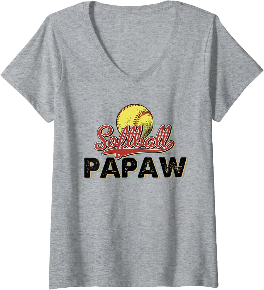 Women's Softball Papaw Retro Vintage Father's Day Game Day V-Neck T-Shirt - Heather Grey
