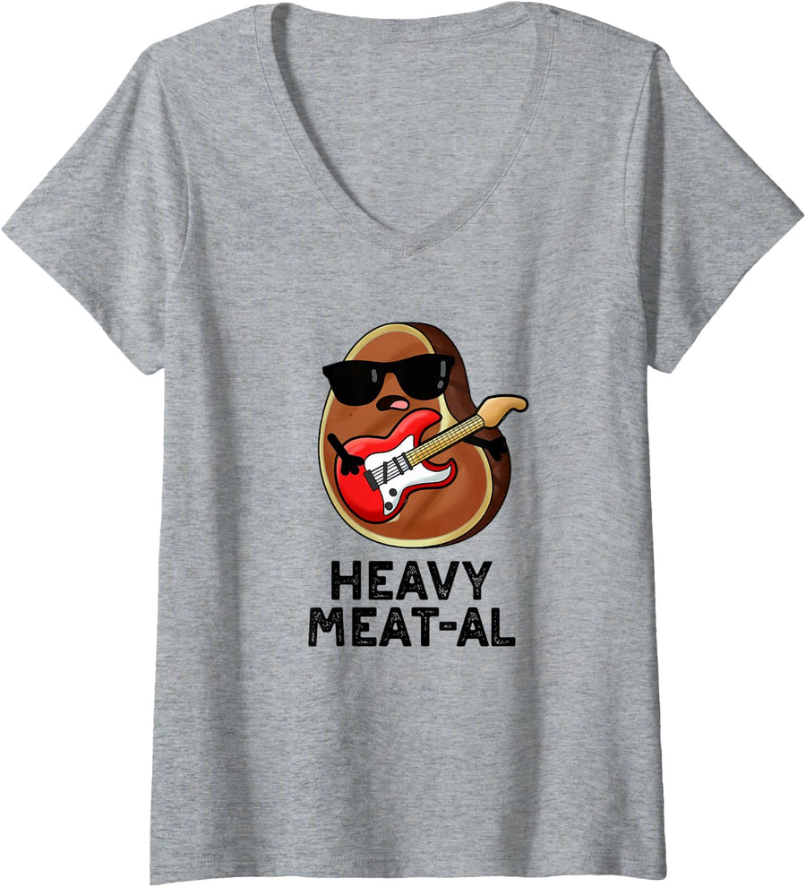 Women's Heavy Meat-al Funny Steak Pun V-Neck T-Shirt - Heather Grey