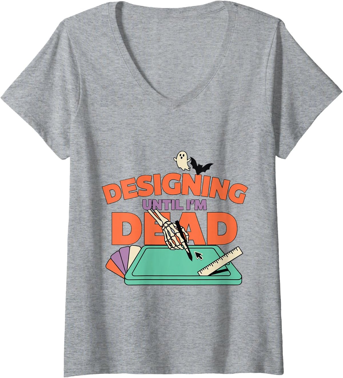 Women's Halloween Graphic Designer V-Neck T-Shirt - Heather Grey