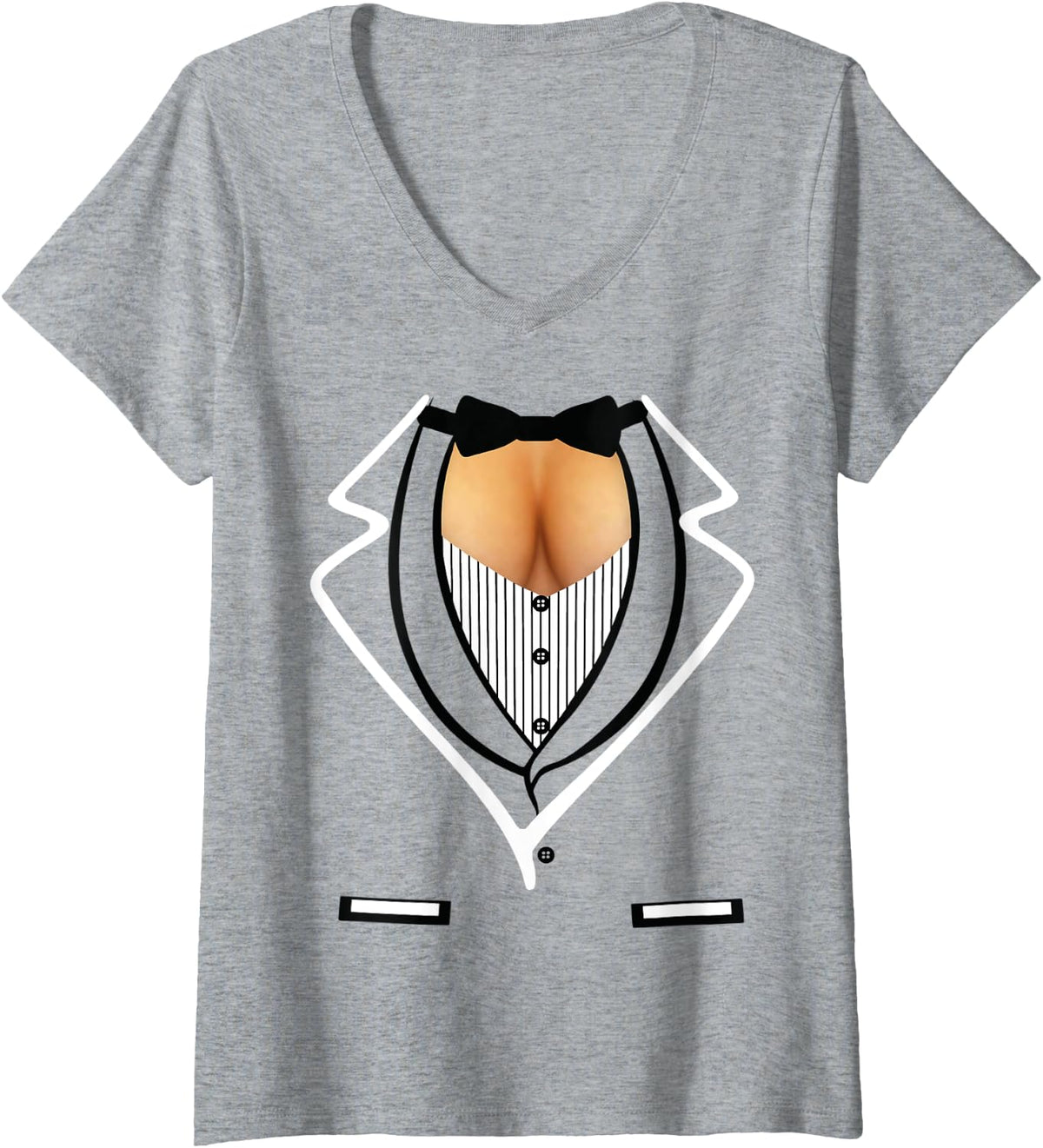 Womens Funny Ladies Cleavage Tuxedo T-shirt Formal Party V-Neck T-Shirt - Heather Grey