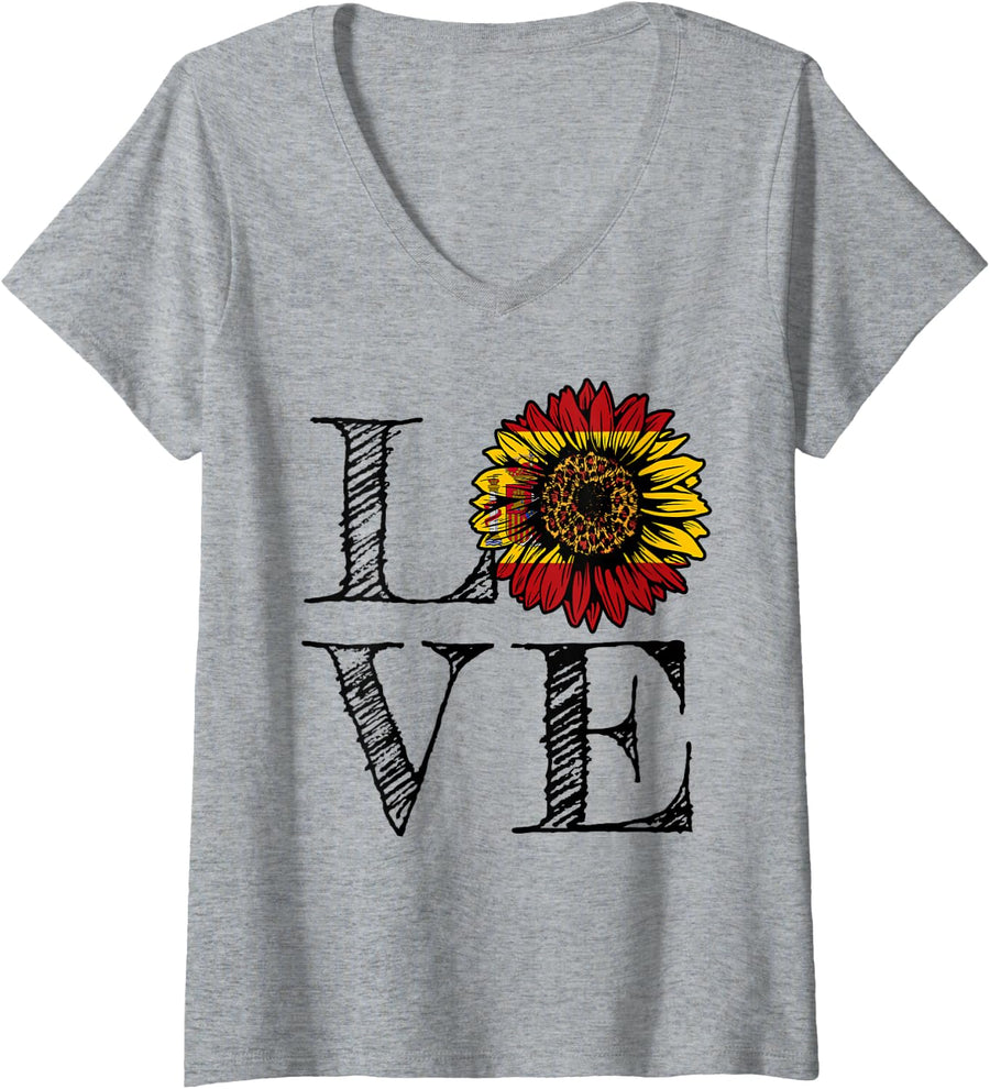 Women's Spanish Flag Sunflower Love Spain V-Neck T-Shirt - Heather Grey
