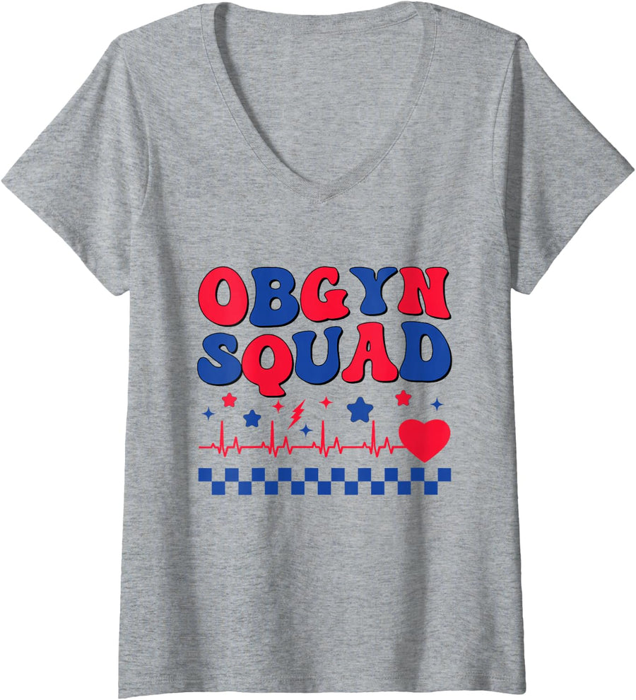 Women's OBGYN Squad Obstetrician Gynecologist Nurse 4th of July V-Neck T-Shirt - Heather Grey