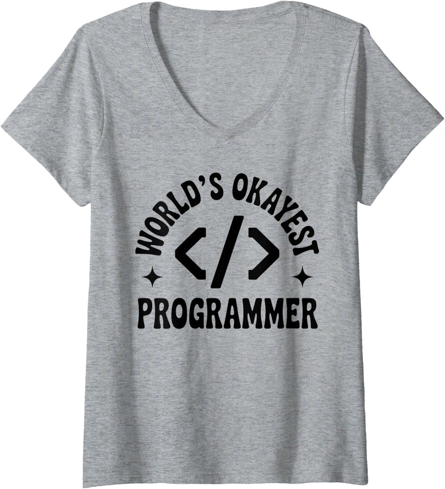 Women's World's Okayest Programmer Funny Programming Coding V-Neck T-Shirt - Heather Grey