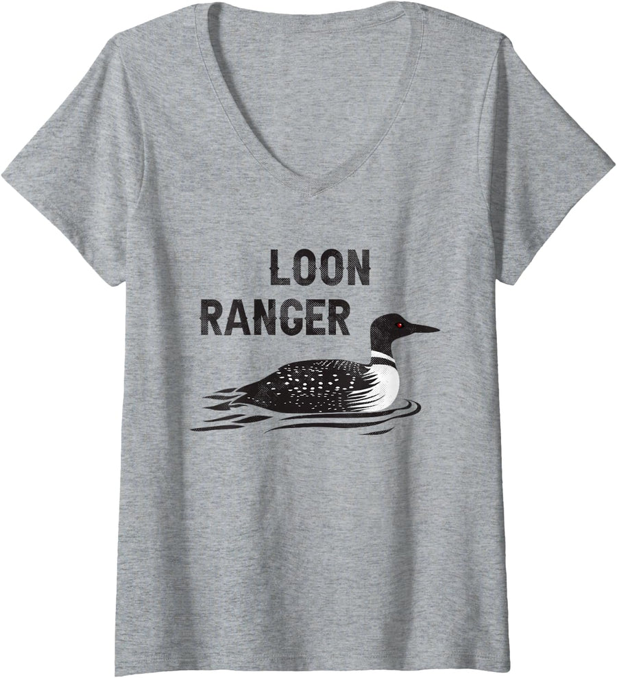 Womens Loon Ranger Bird Watching Birder V-Neck T-Shirt - Heather Grey