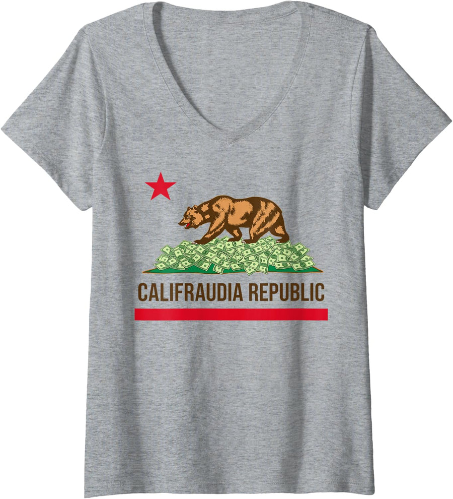 Women's Califraudia Republic Funny California Bear Parody V-Neck T-Shirt - Heather Grey