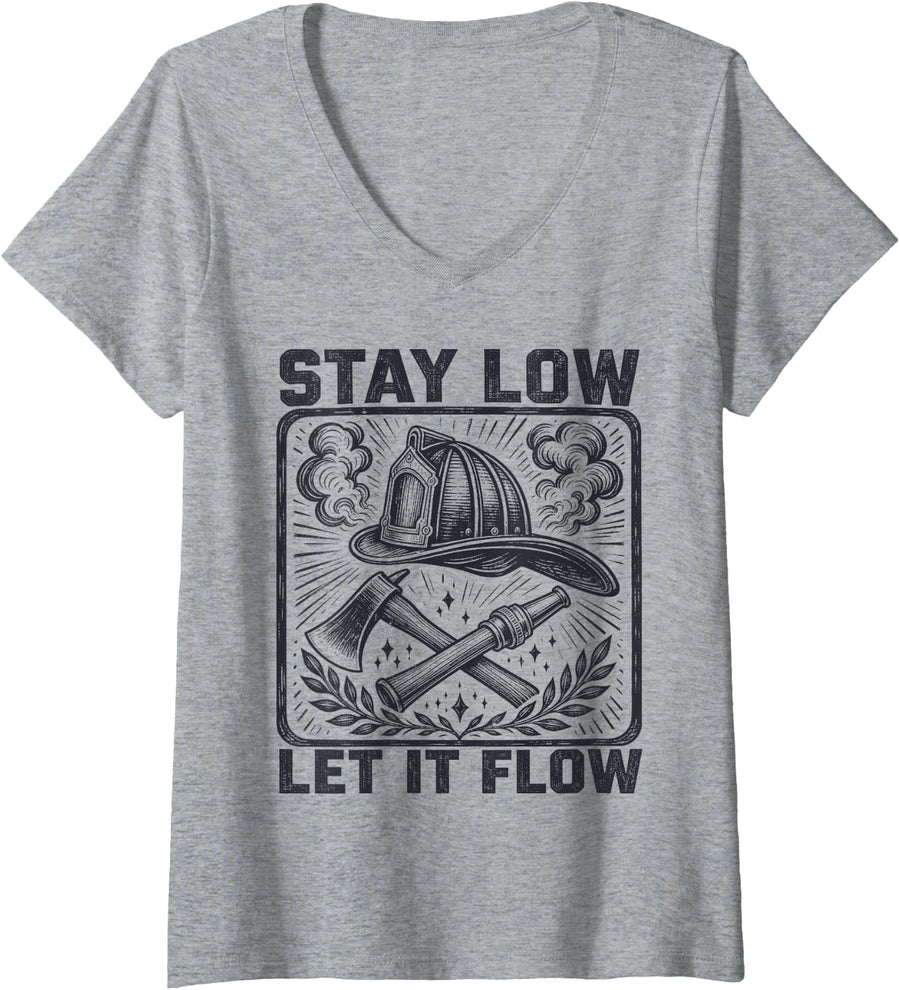 Women's Stay Low Let It Flow Firefighter Fireman Rescue V-Neck T-Shirt - Heather Grey